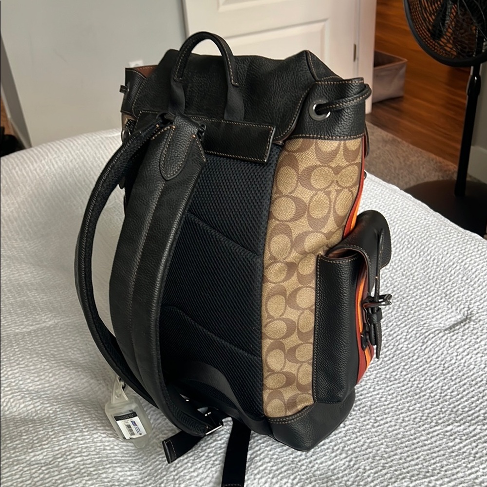 Coach Men's Tan and Black Backpack with Orange Stripes - Picture 2 of 3